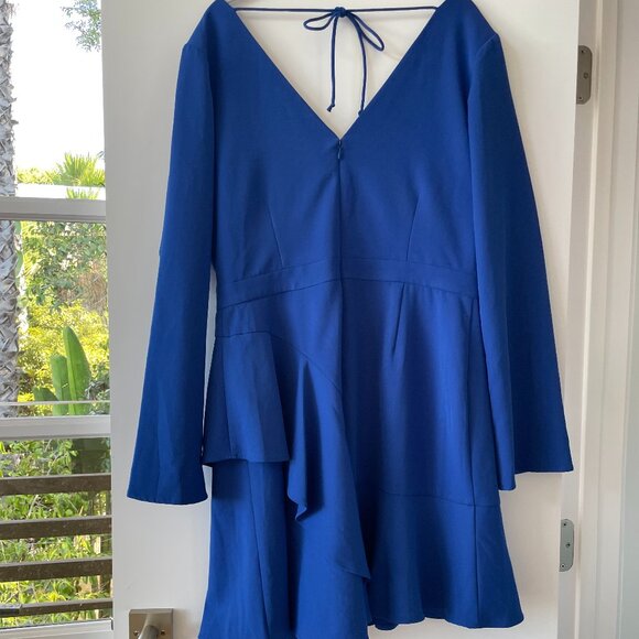 Cooper St Long Sleeve Ruffle Mini Dress in Cobalt Blue, Back Tie, V-Neck, 12‎ - Picture 2 of 5
